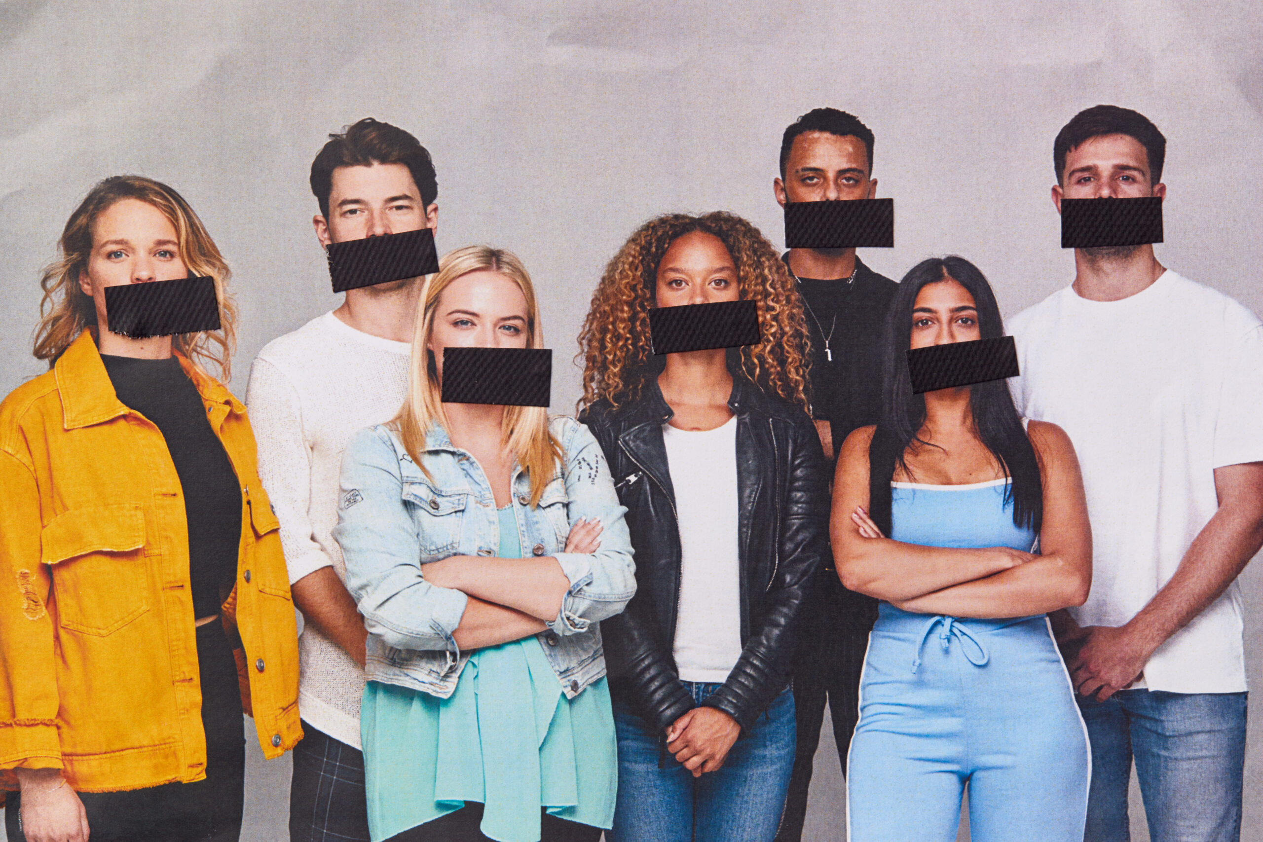 Freedom Of Speech Group Of Young People With Mouths Covered With Tape